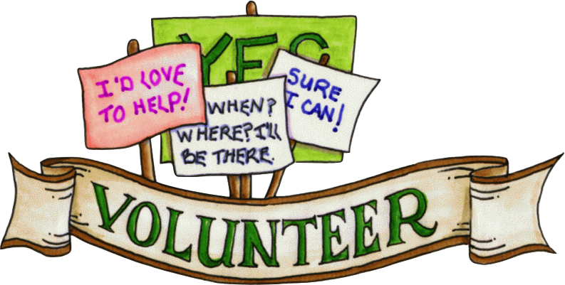 Image of banner that says volunteer, and signs that say I’d love to help! Yes! Sure I Can! When? Where? I’ll Be There